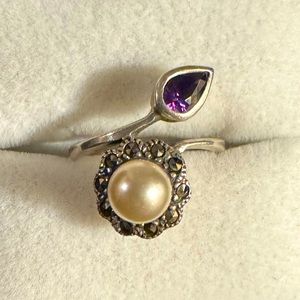 Vintage 925 Sterling Silver Amethyst, Pearl & Marcasite Bypass Ring Size 7